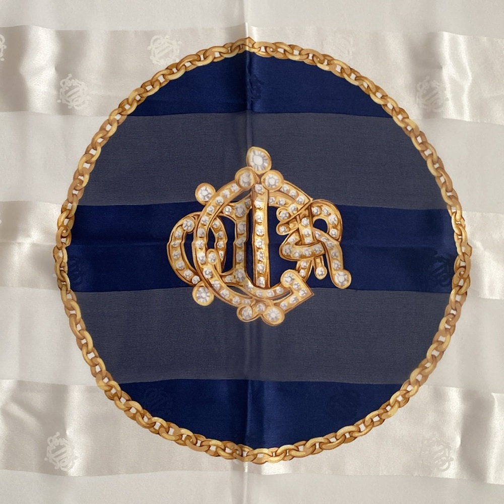 Christian Dior 100% silk scarf. Deep rich, navy blue gold cream color 34 x34 - Picture 3 of 15